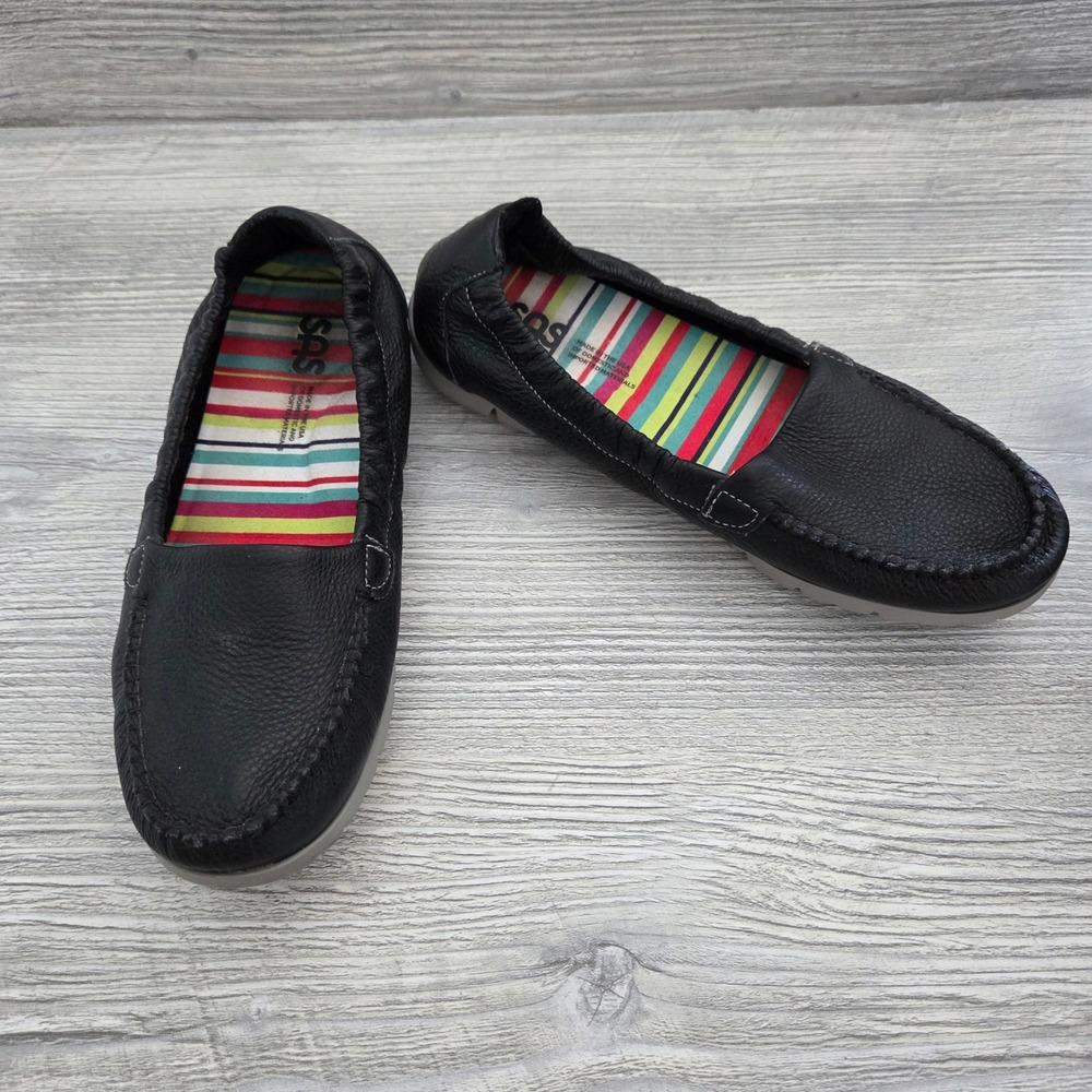 SAS Loafers Black Leather Slip On Comfort Walking Shoes Womens 7.5 M